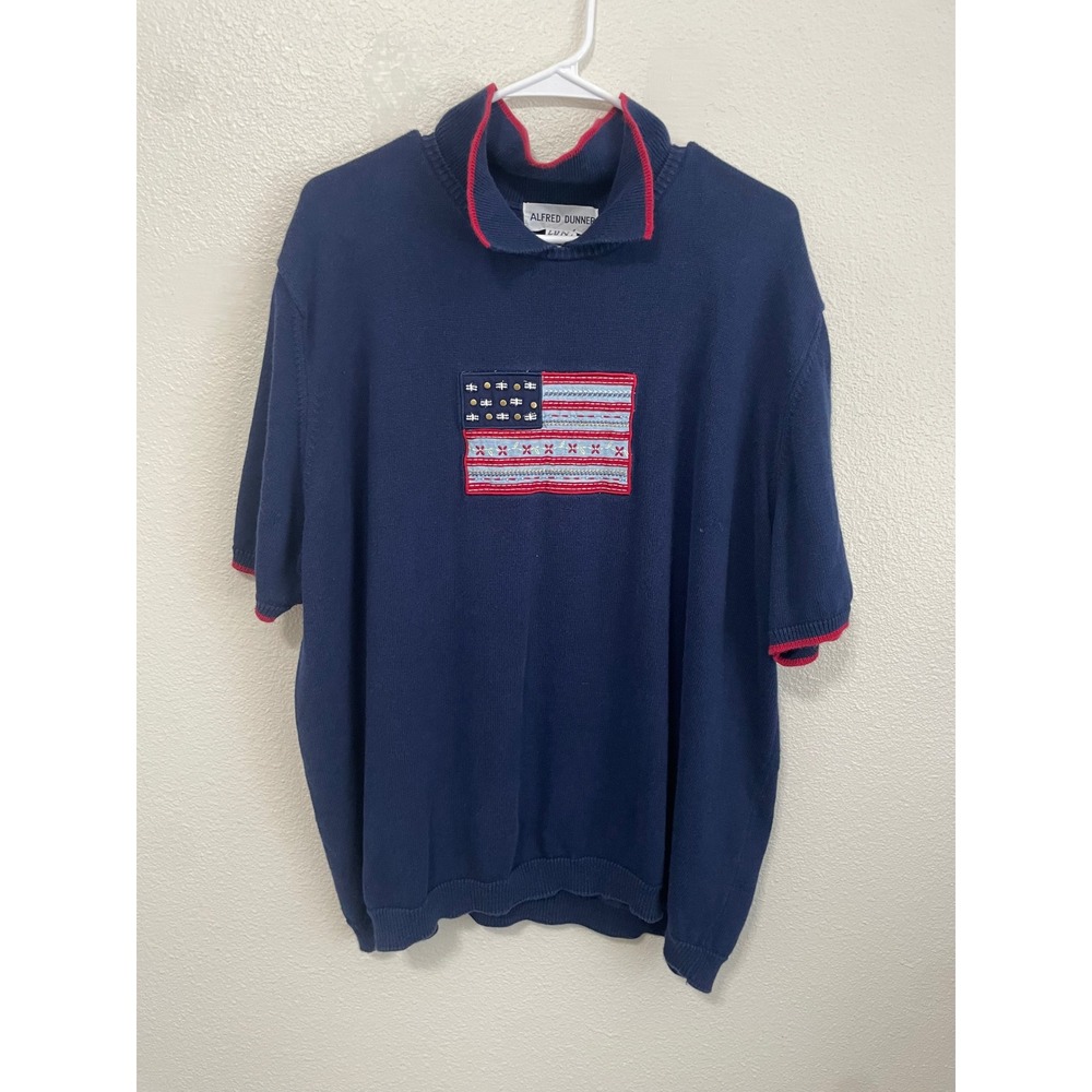 VTG Alfred Dunner Knit Top Women 3X Navy Blue Patriotic American Flag Studded